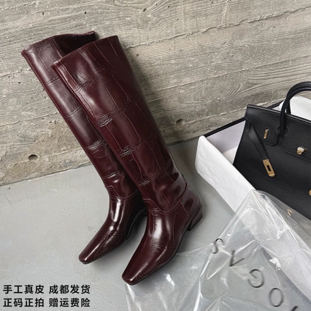 L'avance牛皮高筒靴2026高品质女鞋巨舒适纯皮单靴方跟早秋长筒靴