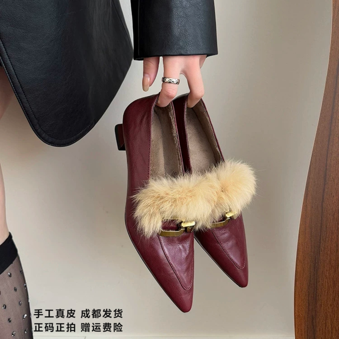 L'avance羊皮毛毛鞋2026秋冬高品质女鞋巨舒适纯皮单鞋绒里高跟鞋