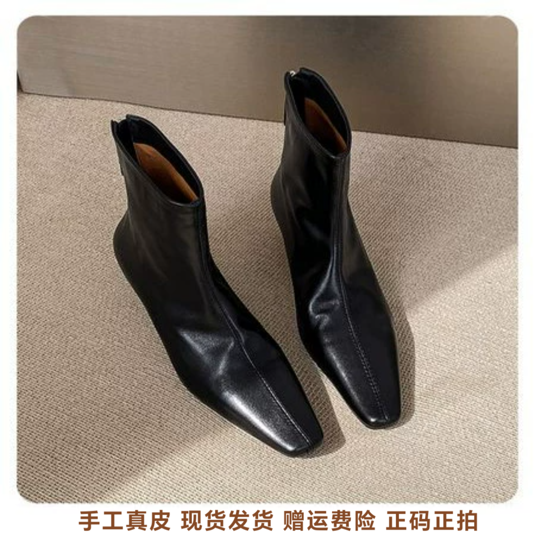 l'avance真皮 法式复古女5cm时髦精宽口经典单靴方头马丁靴及踝靴