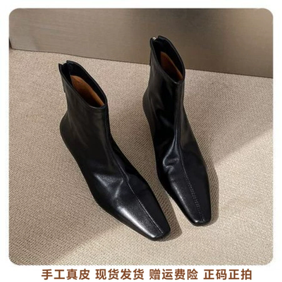 l'avance真皮 法式复古女5cm时髦精宽口经典单靴方头马丁靴及踝靴