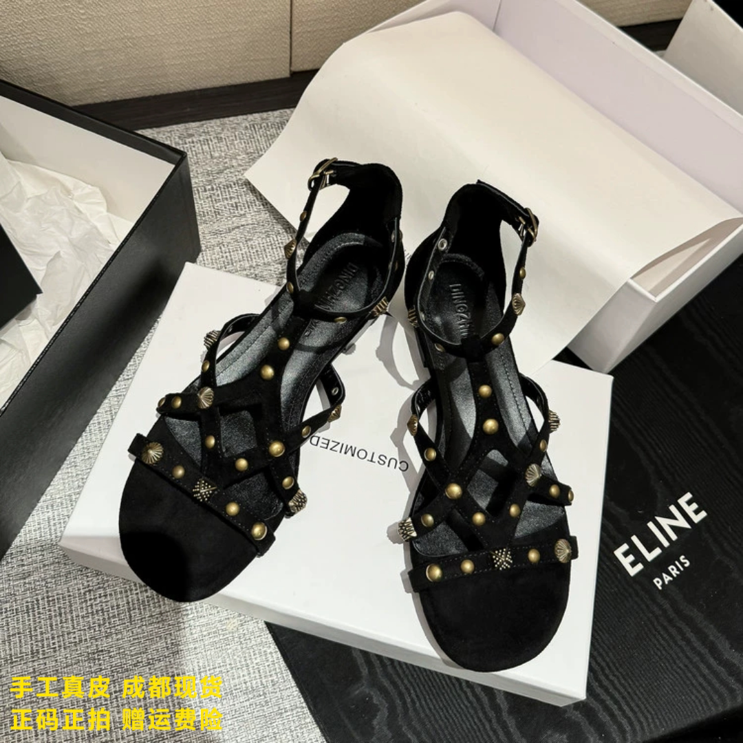 L'avance鹿皮凉鞋2026新高品质女鞋巨舒适通勤凉鞋铆钉西部风凉鞋