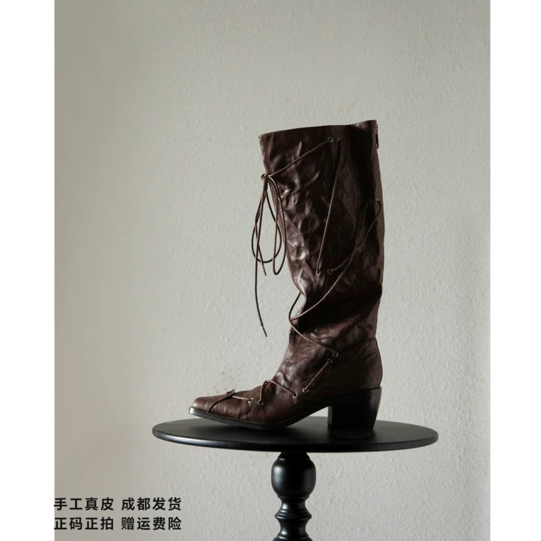 L'avance水洗羊皮高筒靴2026高品质女鞋巨舒适纯皮靴可可系流苏靴