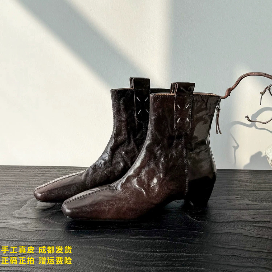L'avance羊皮短靴2026秋款高品质女鞋巨舒适纯皮单靴低跟复古踝靴