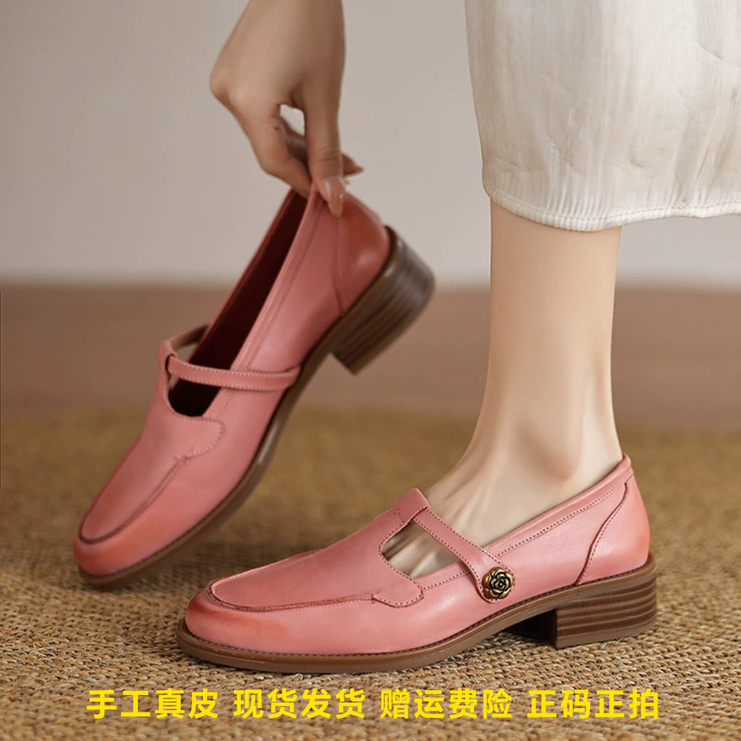L'avance头层牛皮显瘦小皮鞋复古真皮女单鞋浅口平底鞋玛丽珍1.5c