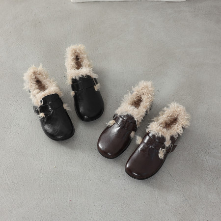 l'avance真皮 法式复古女2cm时髦精加绒毛毛鞋保暖博肯鞋冬季单鞋