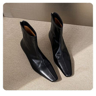 l'avance真皮 法式复古女5cm时髦精宽口经典单靴方头马丁靴及踝靴