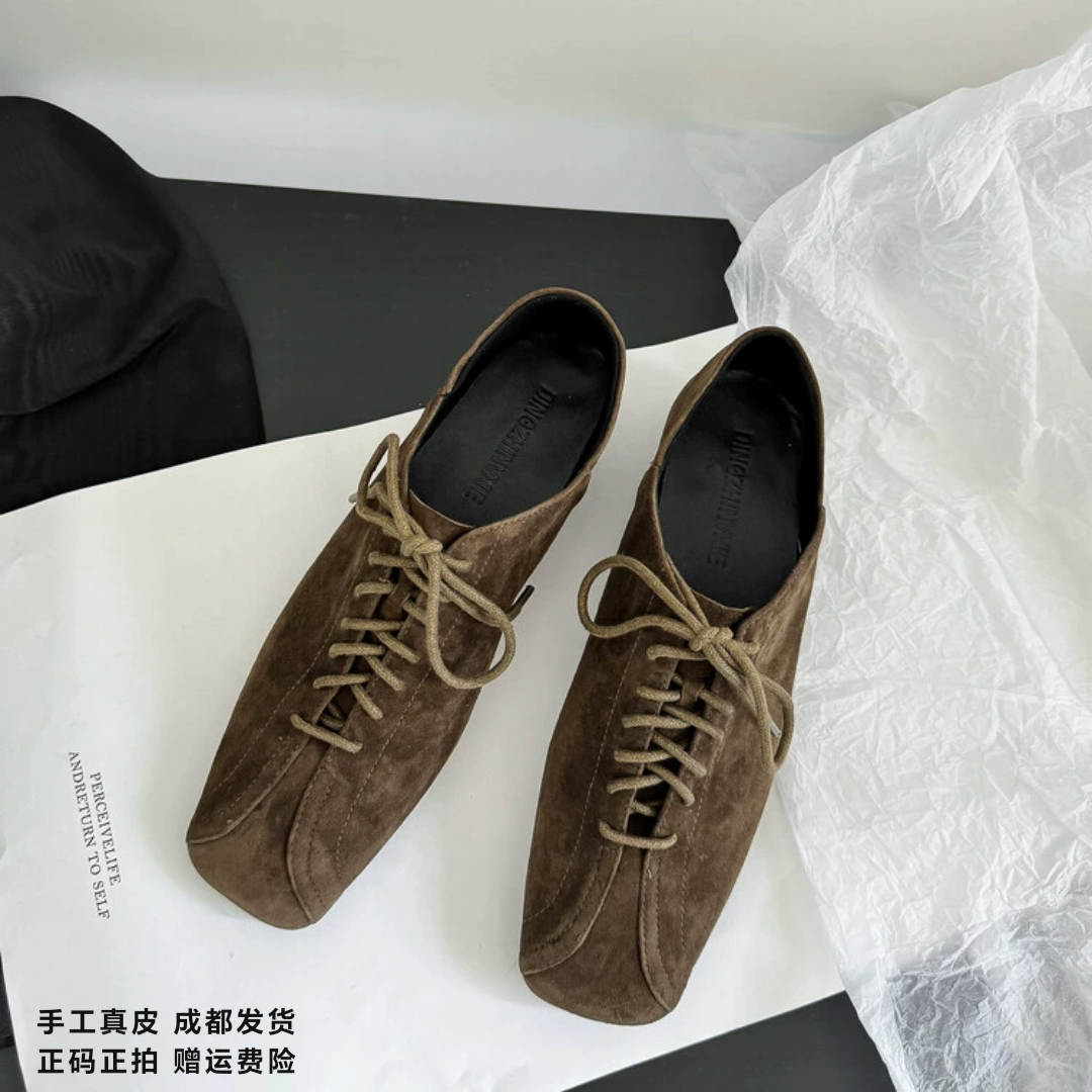 L'avance羊翻皮小皮鞋2026秋冬高品质女鞋纯皮单鞋绑带咖色平跟鞋
