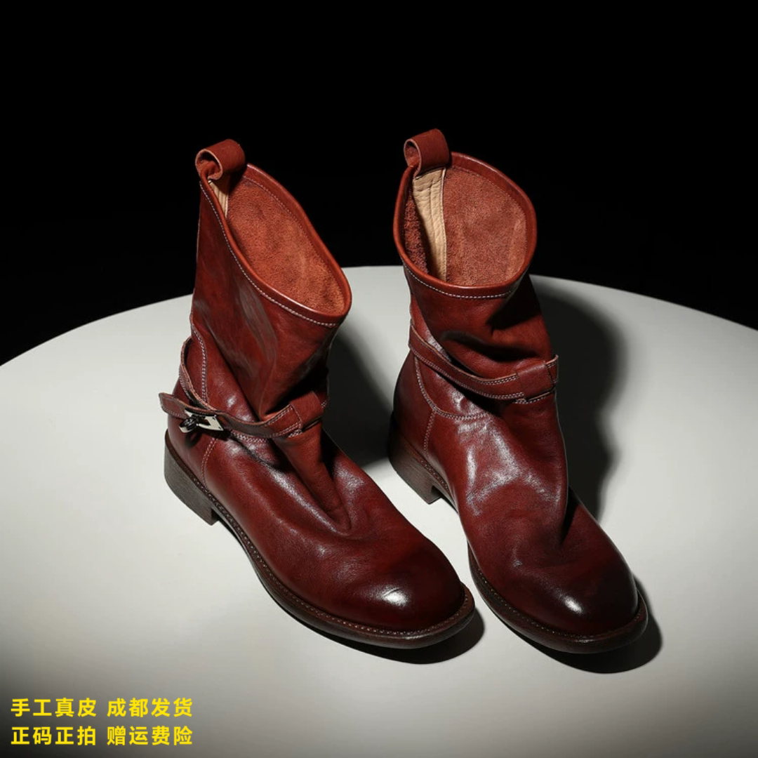 L'avance牛皮短靴2026秋高品质女鞋巨舒适纯皮单靴重工早秋中筒靴