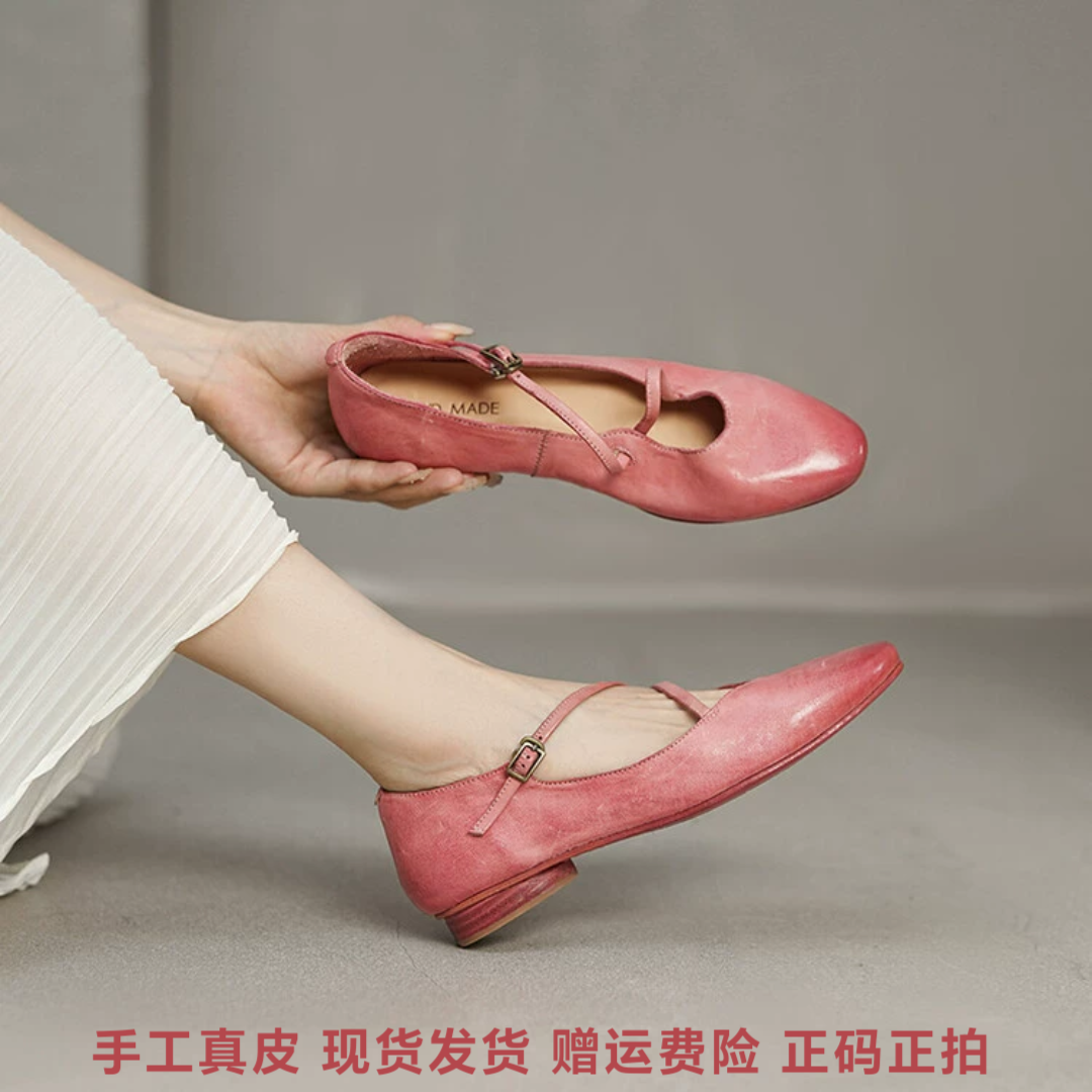 L'avance水洗马皮显瘦小皮鞋复古女粉色真皮单鞋斜一字带玛丽珍3c