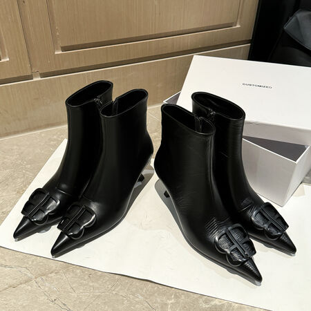 l'avance真皮  法式复古女6cm时髦精尖头气质瘦瘦靴双B扣短筒靴子