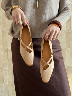 L'avance水洗牛皮显瘦芭蕾舞鞋法式复古女真皮单鞋交叉带平底鞋2c