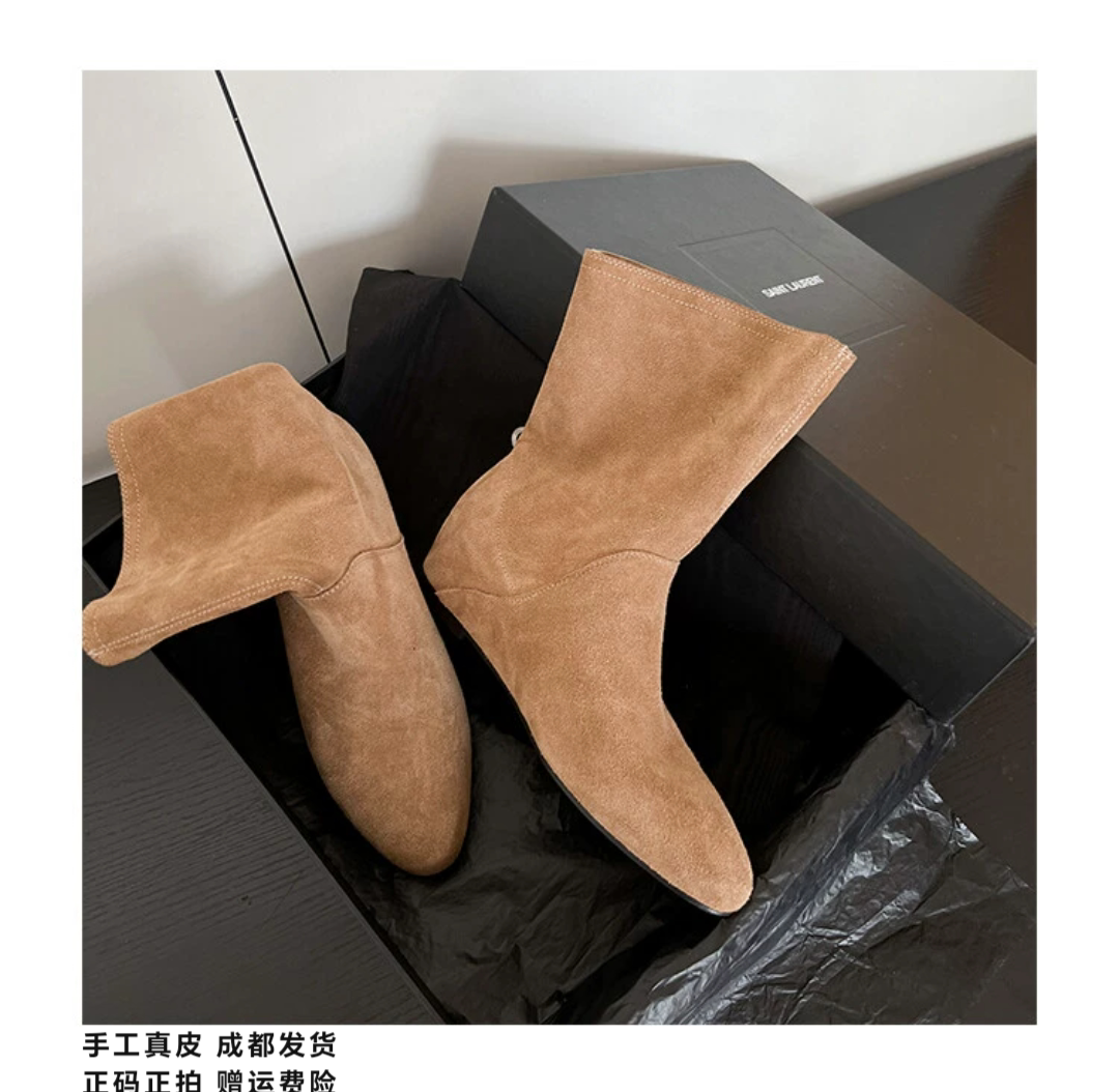 L'avance牛翻皮短靴2026冬高品质女鞋巨舒适纯皮短靴可可系瘦瘦靴