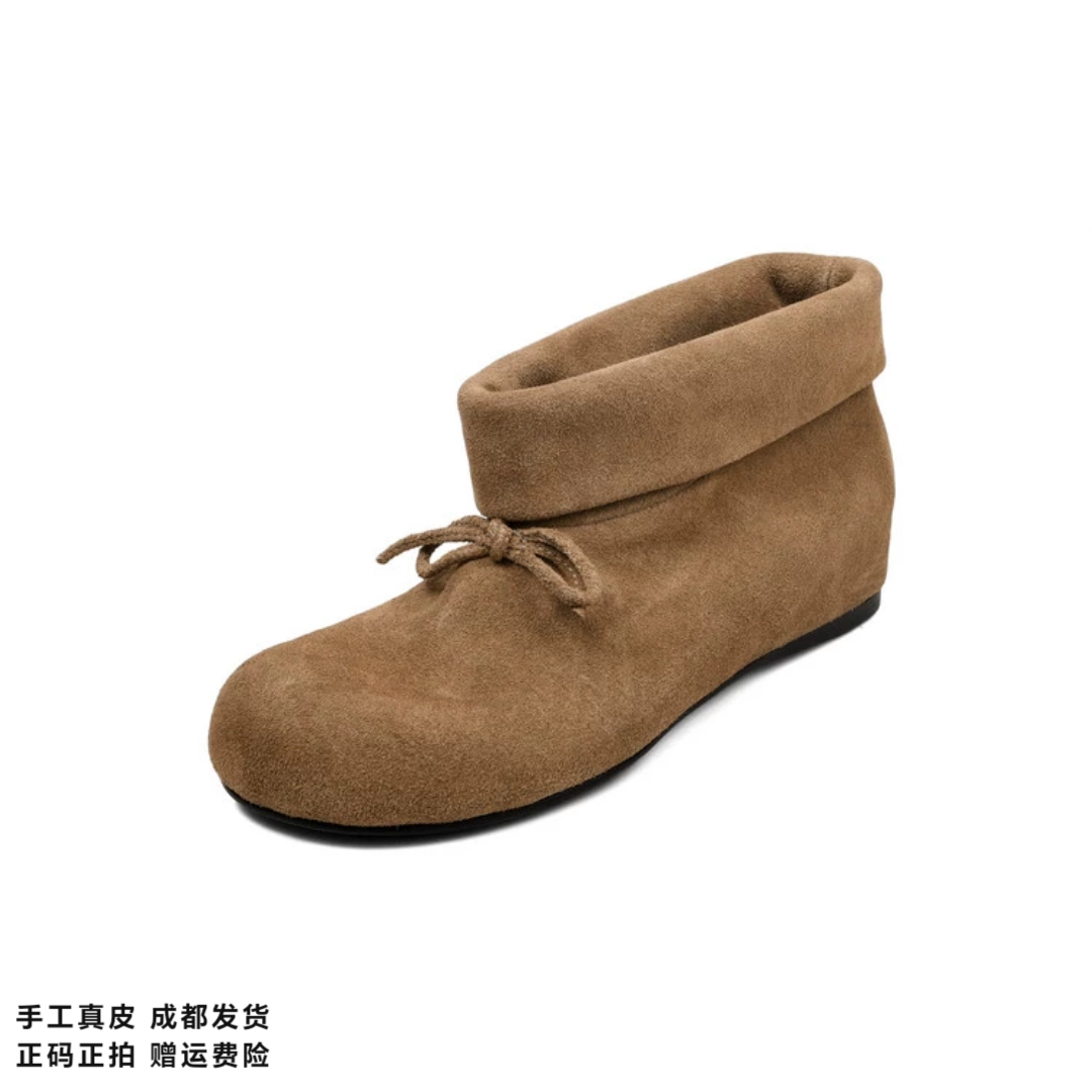 L'avance牛皮牛翻芭蕾靴2026高品质女鞋巨舒适纯皮单靴内增高短靴