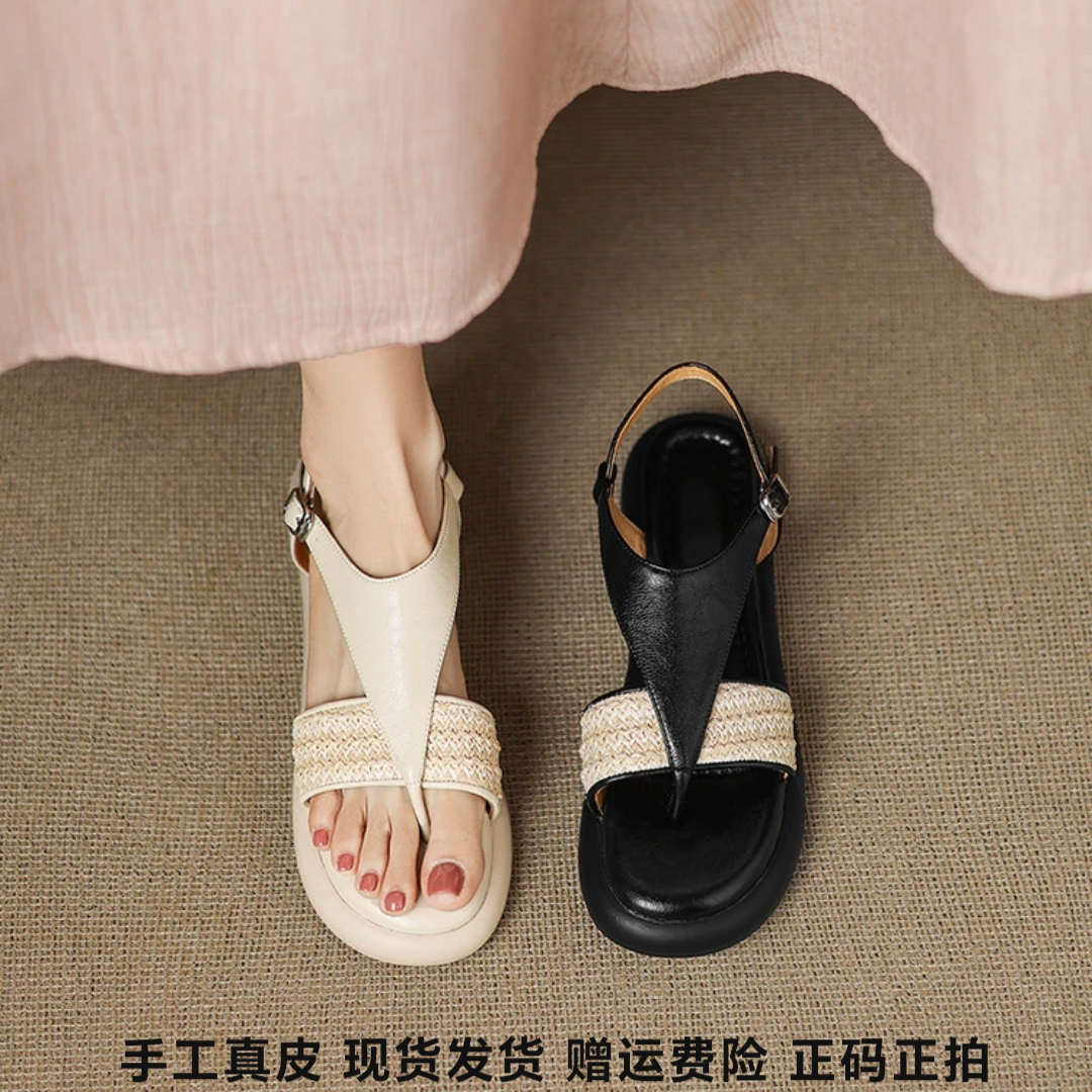 L'avance夏季羊皮夹趾凉鞋女2026款百搭软底草编透气不累脚平底鞋