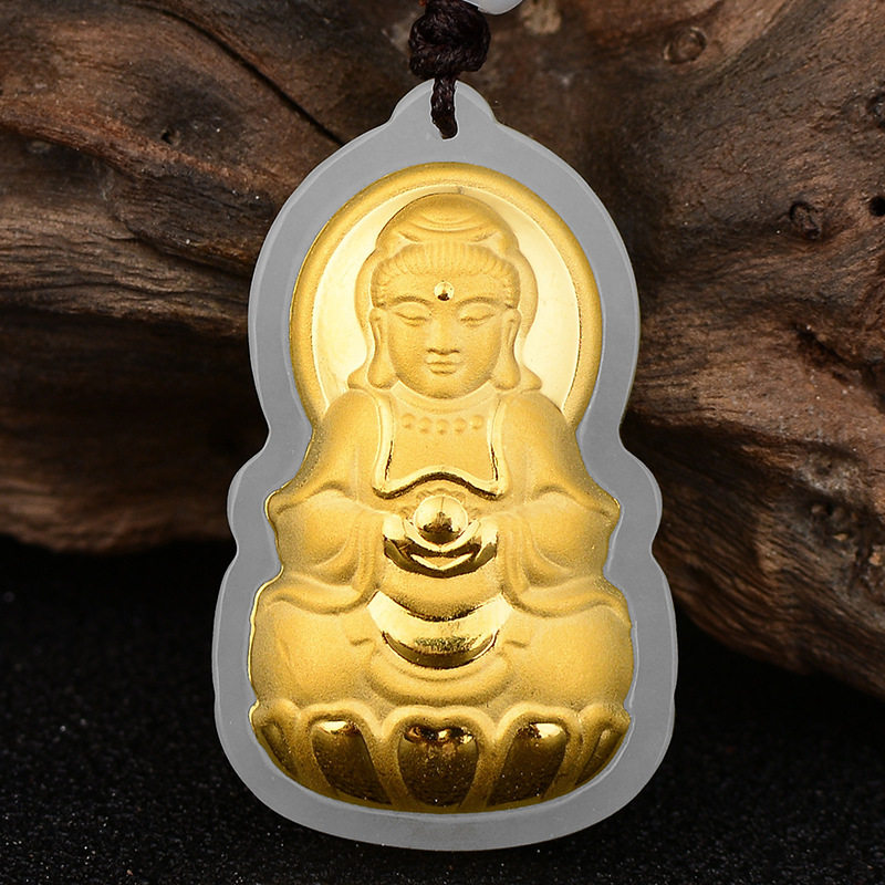 3D金镶玉 足金镶和田玉 爱心福字观音 佛款吊坠