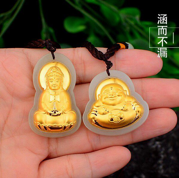 足金和田玉吊坠金镶玉观音挂件
