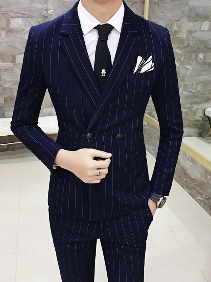 MENS CASUAL SUITS BRITISH STYLE KOREAN SLIM STRIPES DOUBLE-BREASTED SMALL SUIT GROOM DRESS MENS TIDE