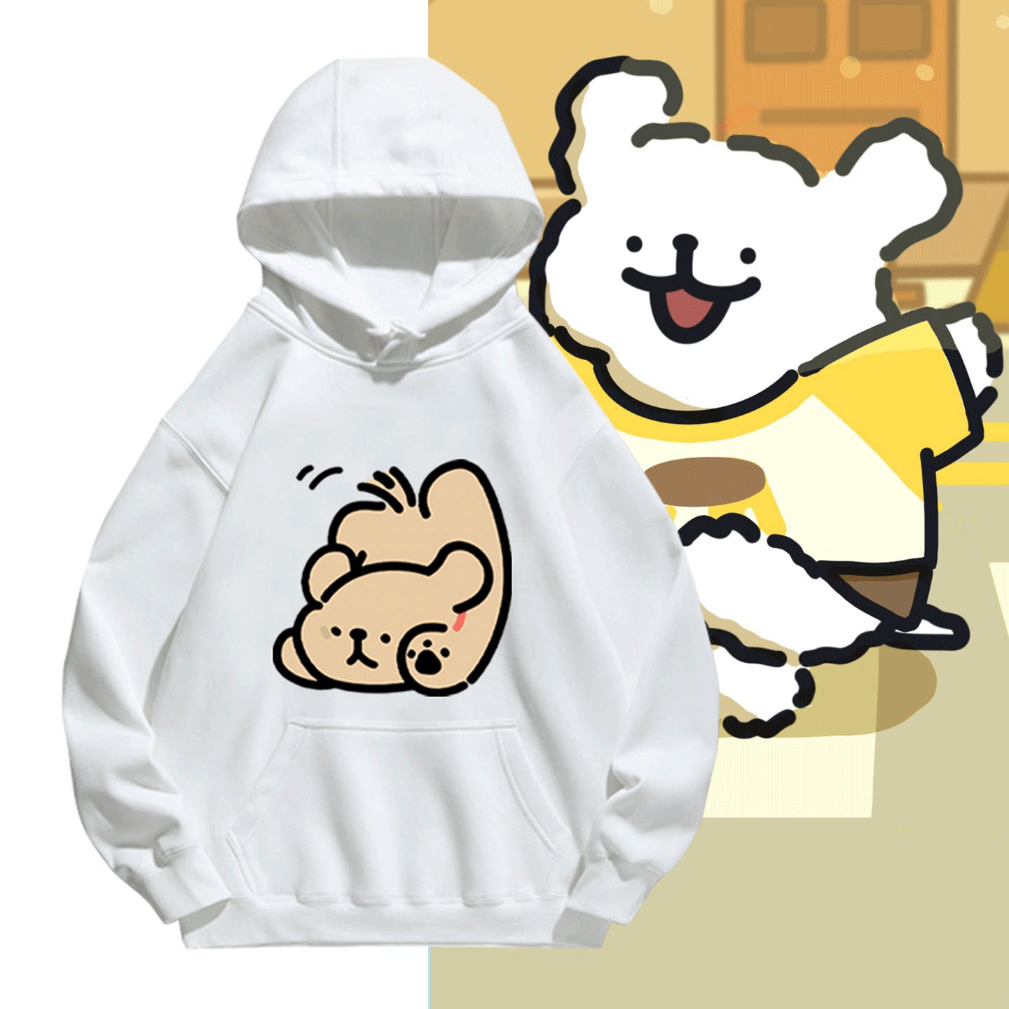 线条小狗卡通联名周边男女情侣秋冬休闲百搭可定制潮加绒带帽卫衣
