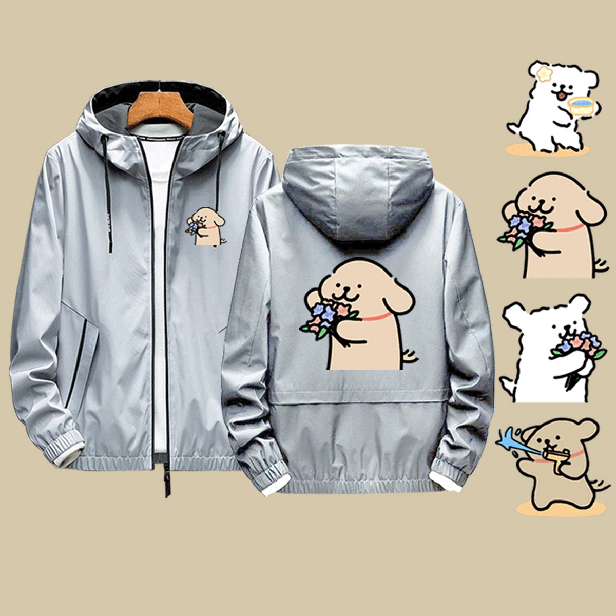 卡通线条小狗马尔济斯周边男女情侣百搭潮秋冬保暖连帽外套夹克服