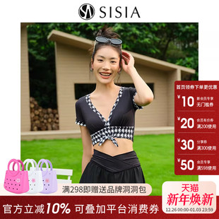 sisia2025新款 泳衣女千鸟格纹拼色性感高腰显瘦遮腹温泉分体泳衣