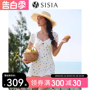 泳衣女短袖 sisia2024新款 碎花显瘦遮腹泡温泉裙式 连体泳衣高级感