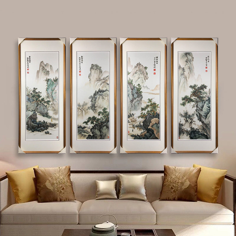 苏绣成品纯手工刺绣画书房客厅沙发后竖款山水风景四条屏装饰挂画