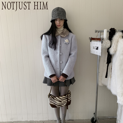 花筏NOTJUSTHIM《冬日絮语》浅蓝羊毛圈圈呢织小圆领西装外套