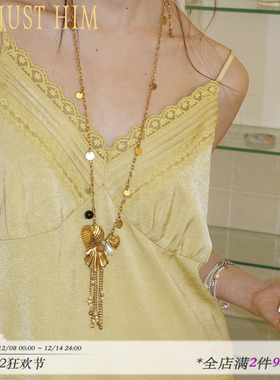 花筏NOTJUSTHIM 《许愿流星》金色爱心流苏长款项链毛衣链