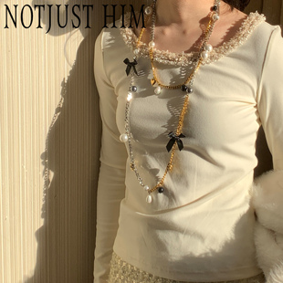 花筏NOTJUSTHIM《西德尔岛》金银拼色长项链 蝴蝶结珍珠 可叠戴