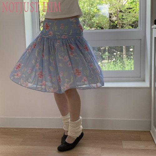 花筏NOTJUSTHIM 《浅夏花笺》印花雪纺塔克低腰伞裙