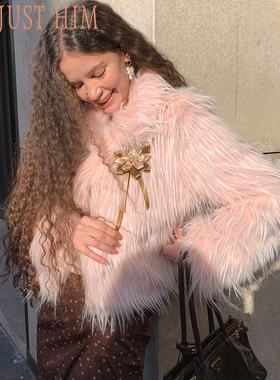 花筏NOTJUSTHIM《Champagne rose》浅粉长毛碎花玫瑰环保皮草外套