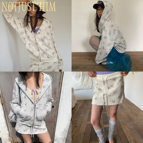 花筏NOTJUSTHIM 碎花华夫格连帽卫衣外套罗纹腰头半裙套装