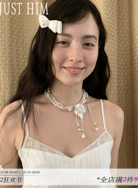花筏NOTJUSTHIM 《月光丝绸》雅白花朵水滴珍珠白水晶项链