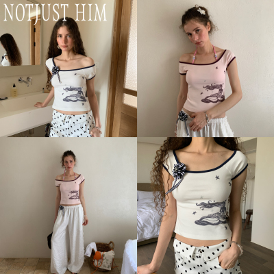 花筏NOTJUSTHIM手绘美人鱼印花双色大U领撞色短袖