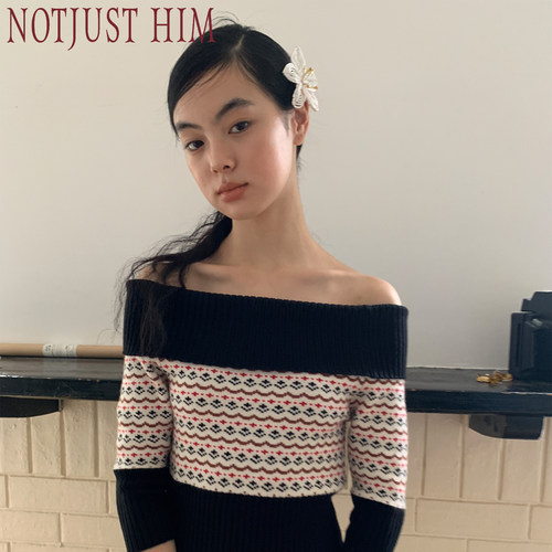 花筏NOTJUSTHIM《Lily’s Theme》费尔岛花纹舒适不扎一字肩毛衣