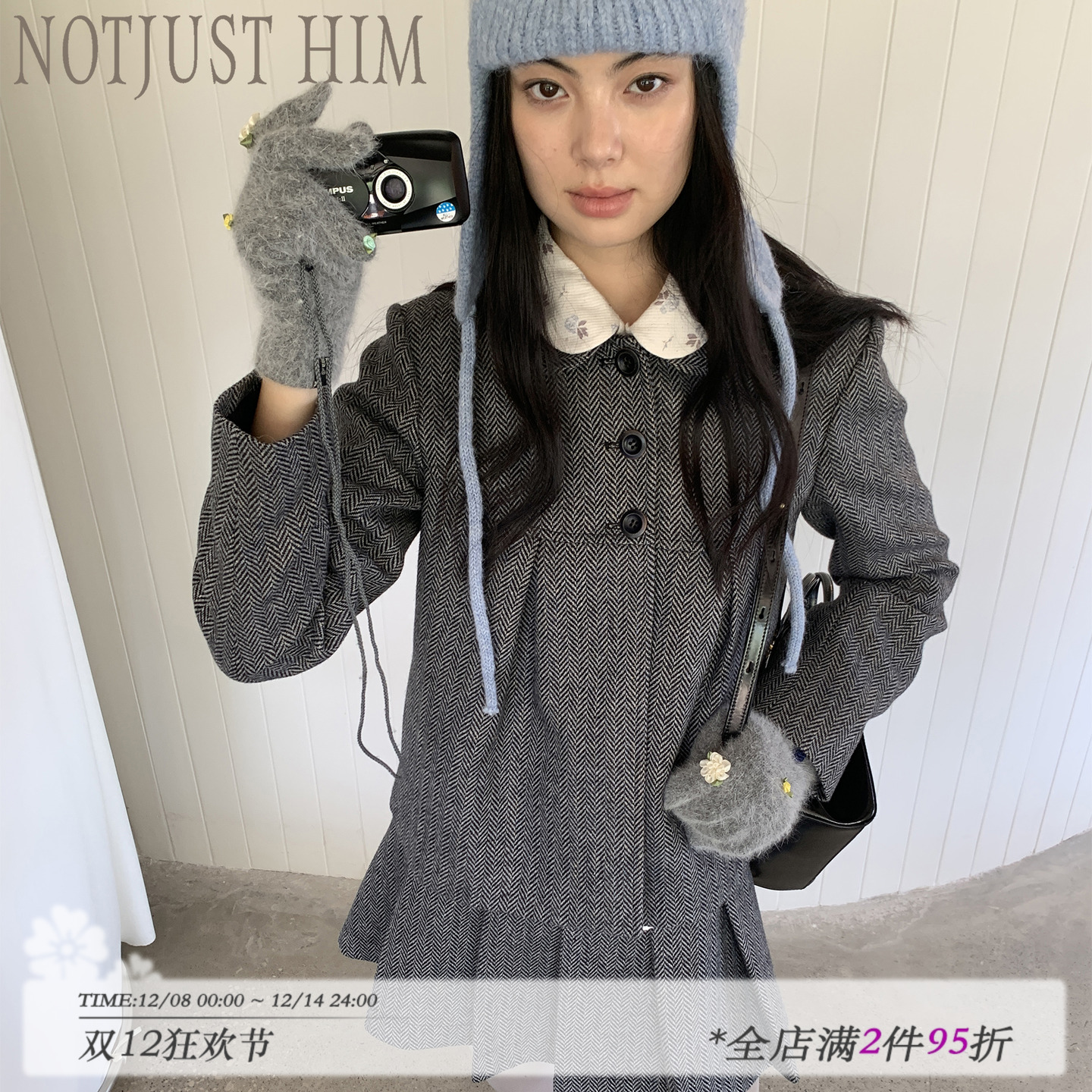 花筏NOTJUSTHIM《北海道少女》羊毛混纺娃娃领呢子外套百褶裙套装