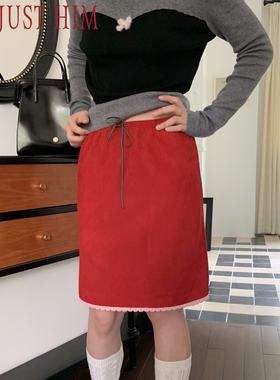 花筏NOTJUSTHIM《Matilda》红色麂皮绒蕾丝花边半身裙