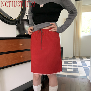花筏NOTJUSTHIM《Matilda》红色麂皮绒蕾丝花边半身裙