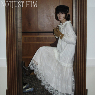 连衣裙 木耳边小V领毛绒拼接蕾丝长款 花筏NOTJUSTHIM 薄雾少女