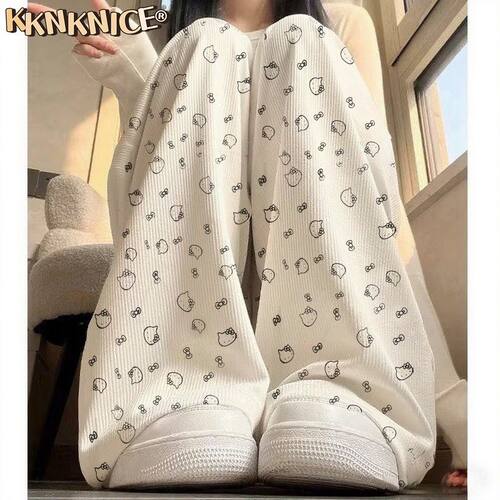 夏季冰丝薄款可爱满印Hellokitty阔腿裤女小个子宽松休闲直筒裤子