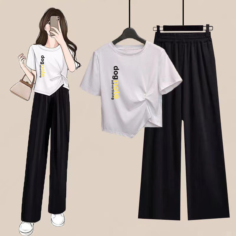 夏季短袖T恤女不规则斜边扭结显瘦上衣+垂感高腰休闲百搭阔腿裤潮,女装/女士精品,休闲运动套装,淘宝优惠券,粉丝福利购,淘宝优惠卷