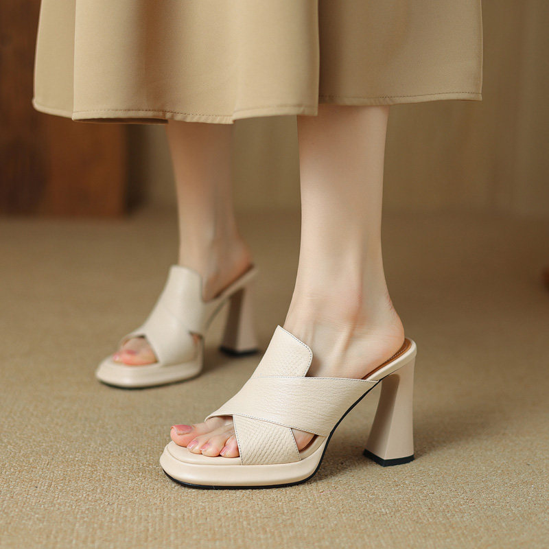 真皮气质10cm超高跟鞋百搭夏季时尚粗跟防水台露趾凉拖鞋女小个子