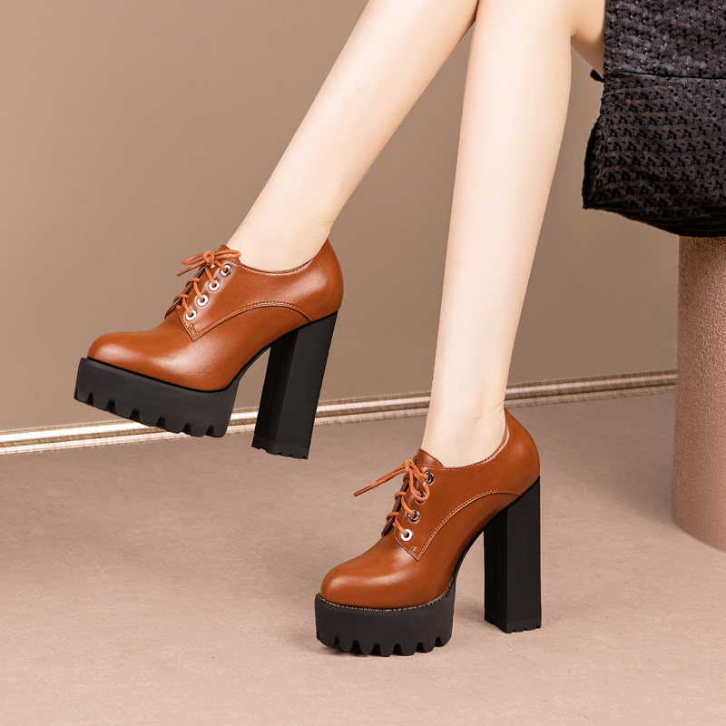 真皮深口单鞋女系带超高跟鞋防滑防水台粗跟12CM圆头时装皮鞋百搭,女鞋,深口单鞋,淘宝优惠券,粉丝福利购,淘宝优惠卷