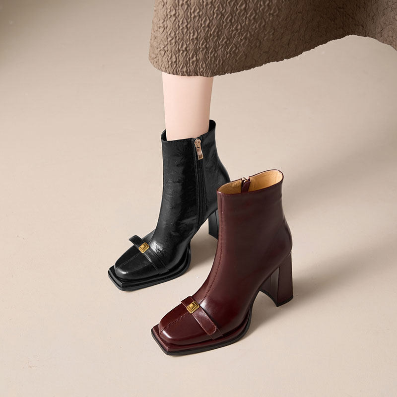 10cm头层牛皮短靴方头粗跟短靴