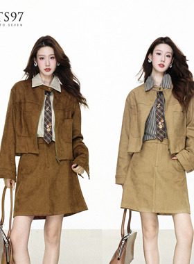 NTS97 秋冬新款复古麂皮头吸扣a字裙短夹克外套套装