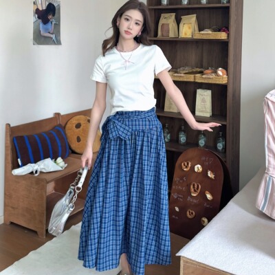 韩系学院感花边蓝格子高腰半身裙