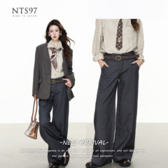 NTS97 复古通勤风中高腰阔腿休闲西裤女灰色垂感长裤
