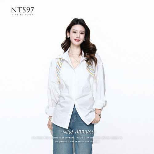 NTS97 设计感褶皱长袖衬衫女丝巾宽松百搭通勤衬衣