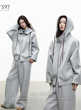 NTS97 休闲运动风连帽卫衣套装女秋冬灰色拉链抽绳慵懒套装