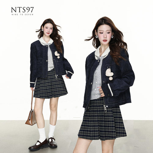 NTS97 秋冬新款雪尼尔藏青蕾丝边挺阔短款外套上衣